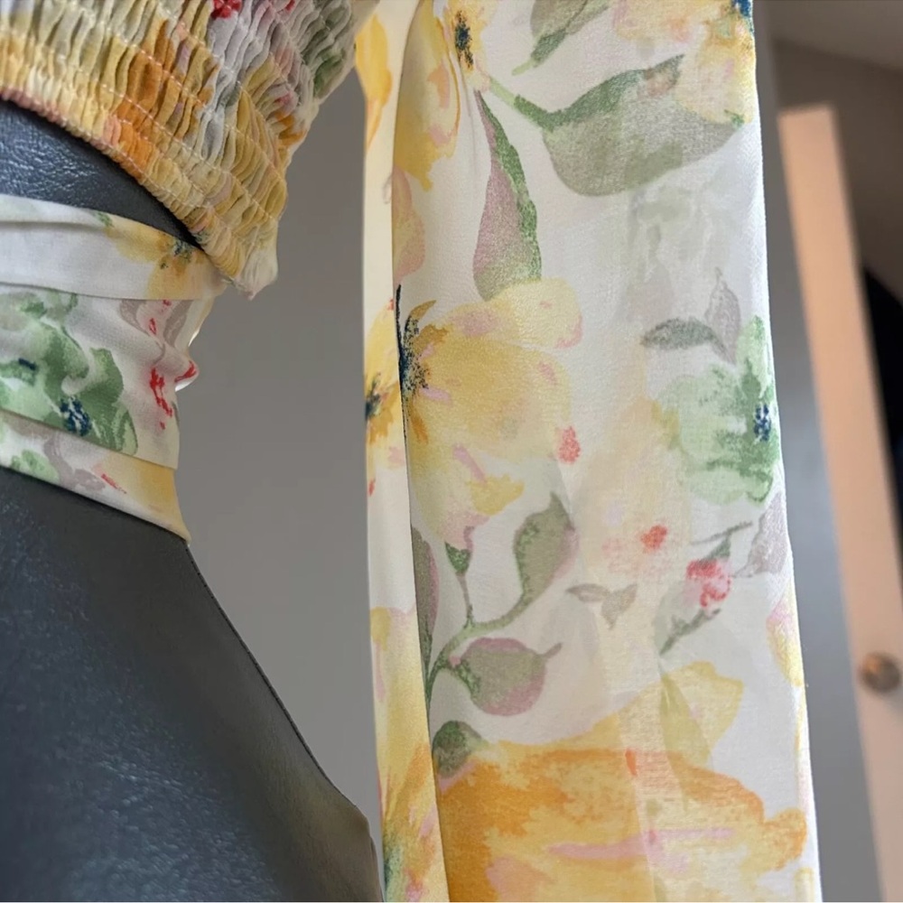 Sheer Floral Bloom Chiffon Crop Top Y2K  True Wrap Yellow Romantic Milkmaid - Picture 2 of 10